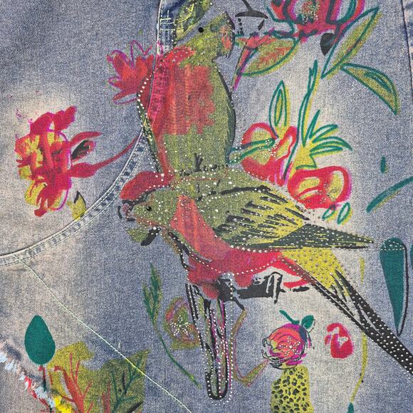 Soolinen Denim Offset Raw Hem Embellished Painted Rhinestone BOHO Skirt Medium - Picture 3 of 4